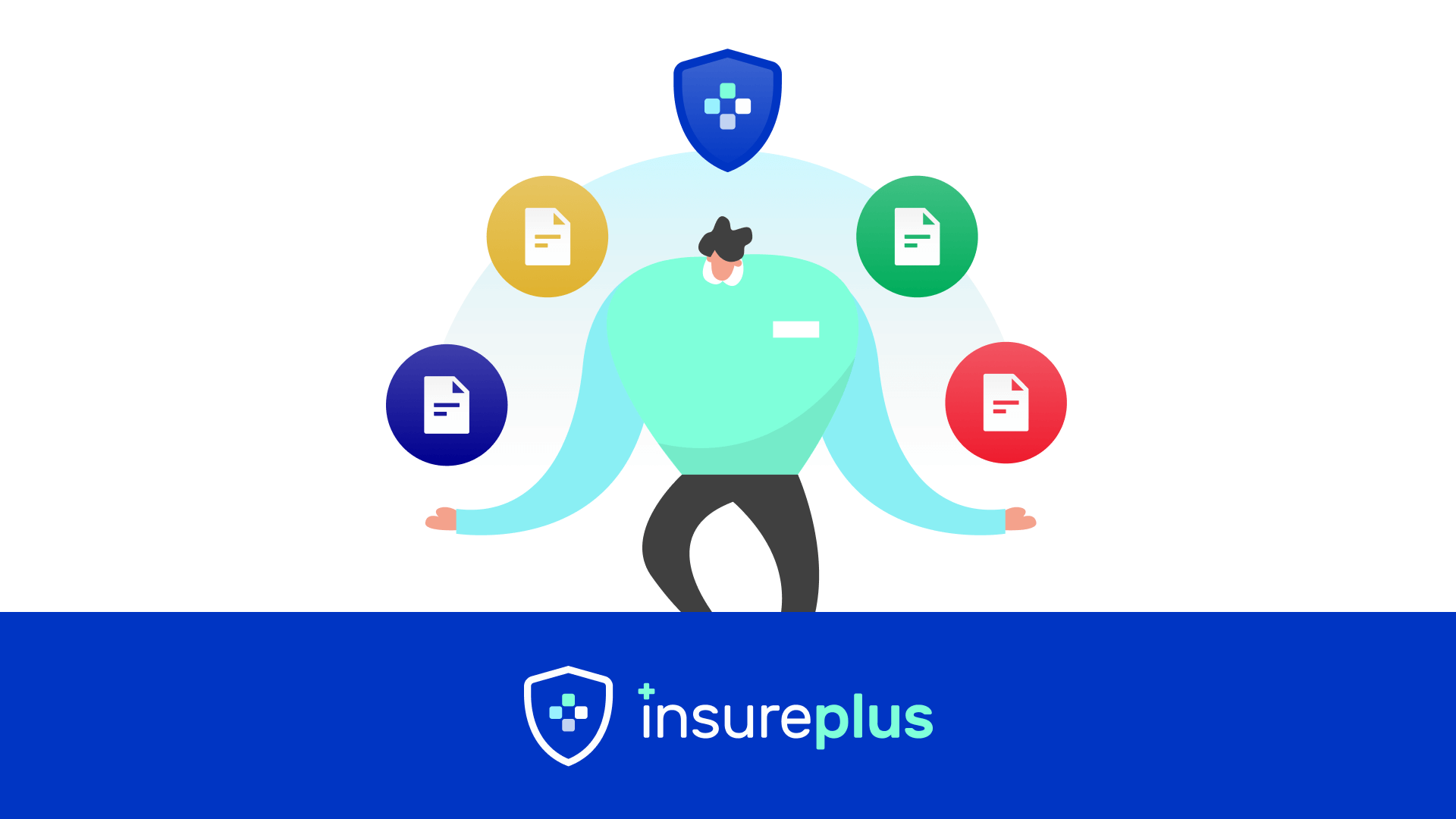 An illustration of a man carrying colorful orbs with insurance papers. A shield is floating above him. The InsurePlus logo is overlaid beneath him.